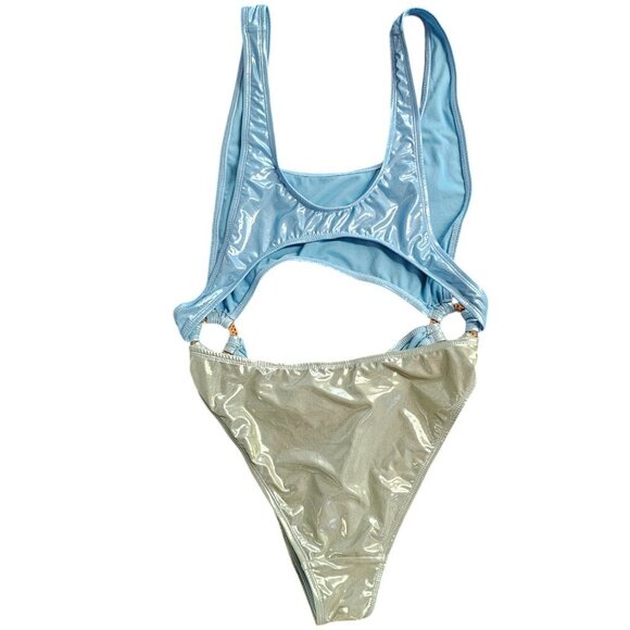 Normaillot Blue Rainbow Ageless Swimsuit Size Medium Cut Out Front Back Metallic - Picture 3 of 6